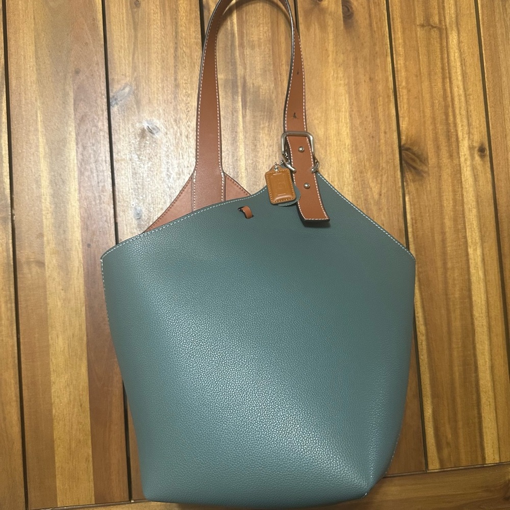 Madison de Beaute Teal Green Leather Tote Bag with TanTrim
